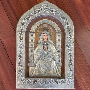 Virgin Mary And Child Silver Icon W Wood Inset Rhinestone Crowns 16.5x11 In